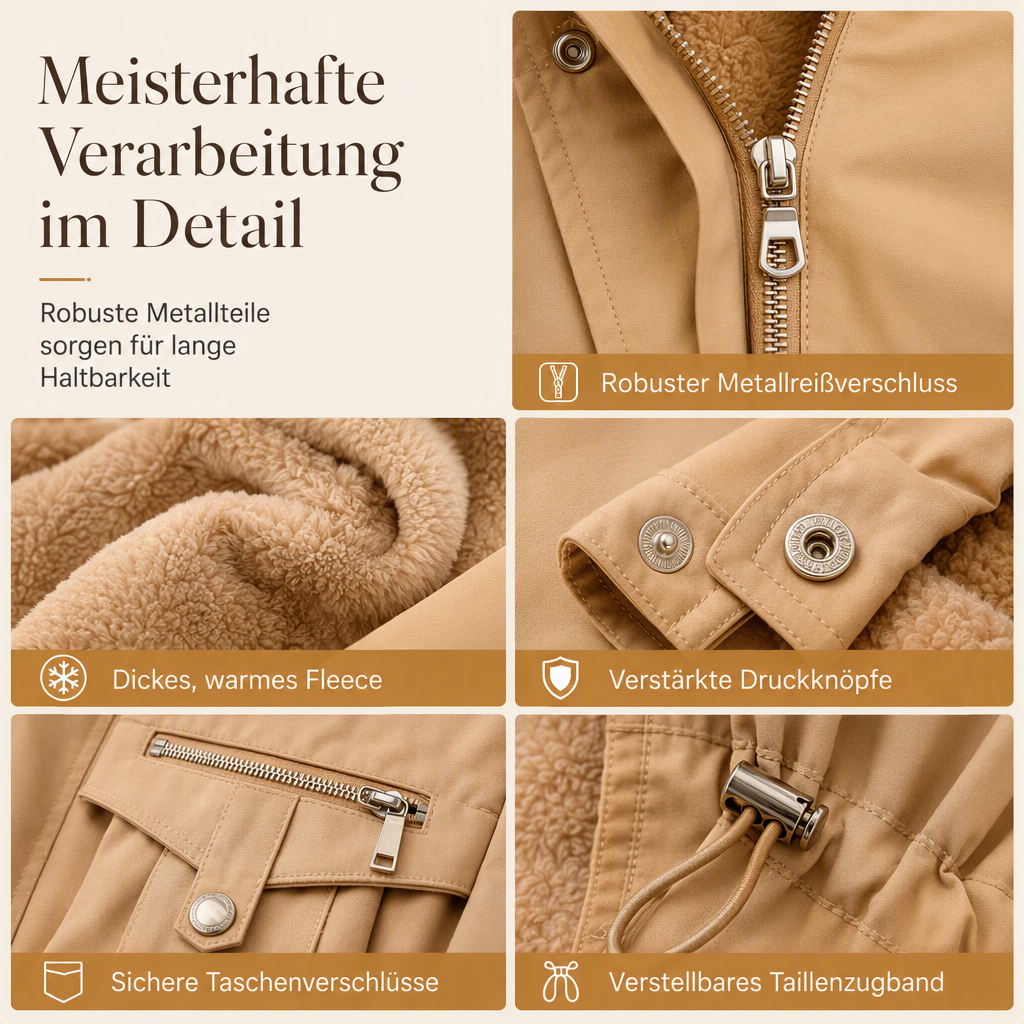 Fünf Detailaufnahmen in Camel: Metallreißverschluss, Fleecefutter, Druckknöpfe am Ärmel, Taschenverschluss und Taillenzug 5