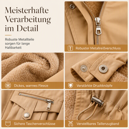 Fünf Detailaufnahmen in Camel: Metallreißverschluss, Fleecefutter, Druckknöpfe am Ärmel, Taschenverschluss und Taillenzug 5