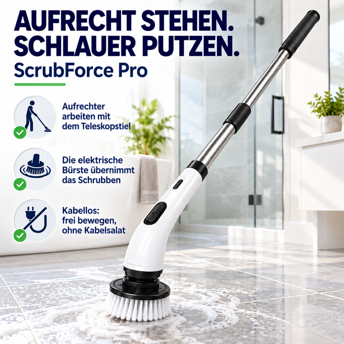 Scheuerreiniger mit langer Stange schrubbt schaumigen Fliesenboden im Bad, daneben drei Vorteilssymbole 1