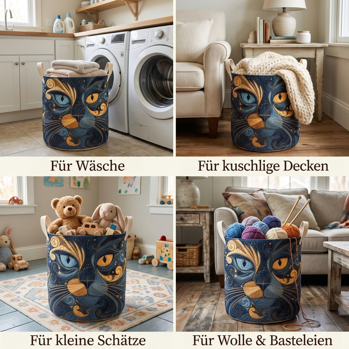 Collage aus vier Szenen: Der Korb mit Handtüchern im Waschraum, mit Kuscheldecke, mit Spielzeug im Kinderzimmer und mit Wollknäueln. 2