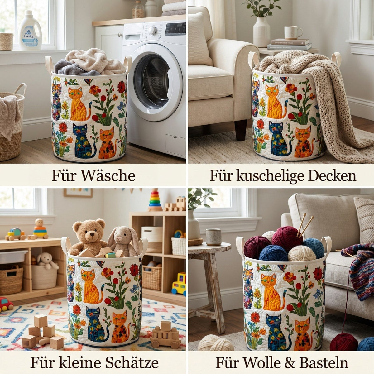 Vier Fotos des Korbs im Einsatz: als Wäschekorb, für Decken, als Spielzeugkorb im Kinderzimmer und für Wolle und Handarbeiten. 2