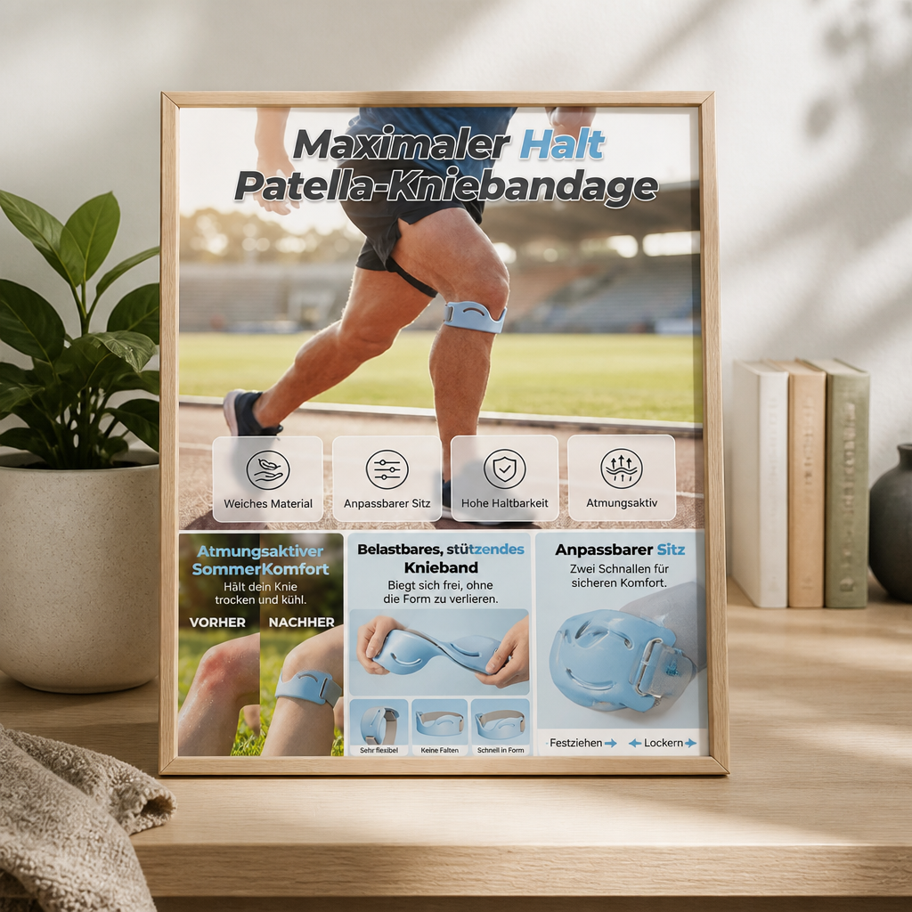 Gerahmtes Infoplakat auf einem Holzregal zeigt den Knieriemen beim Laufen, dazu Detailbilder zu Flexibilität, Atmungsaktivität und doppelter Schnalle. 3