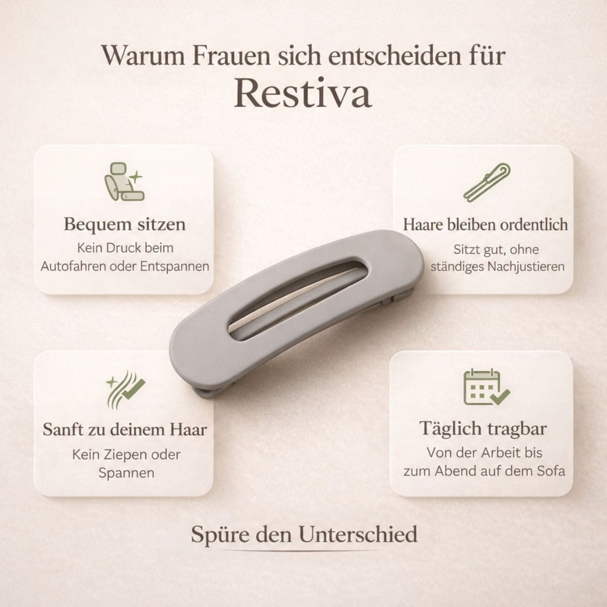 Graue Haarspange in der Mitte, umgeben von vier Kästchen mit Symbolen zu Vorteilen wie Tragekomfort 3