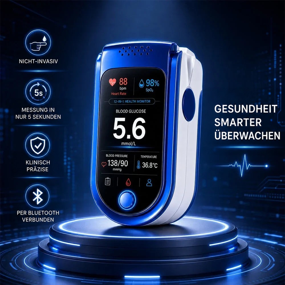 Das Messgerät auf einem leuchtenden Podest vor dunkelblauem Technik-Hintergrund, links vier Symbole zu den Eigenschaften. 7
