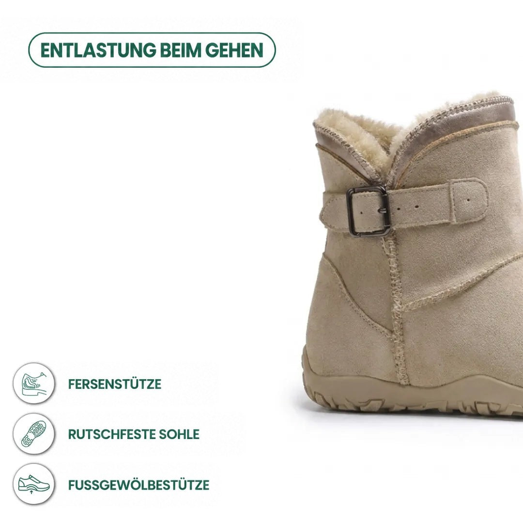 Beiger Stiefel mit Schnalle, daneben Symbole zu Fersenhalt, rutschfester Sohle und Fußgewölbe-Unterstützung 4