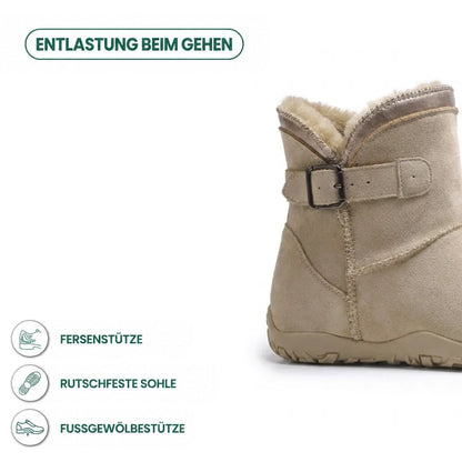 Beiger Stiefel mit Schnalle, daneben Symbole zu Fersenhalt, rutschfester Sohle und Fußgewölbe-Unterstützung 4