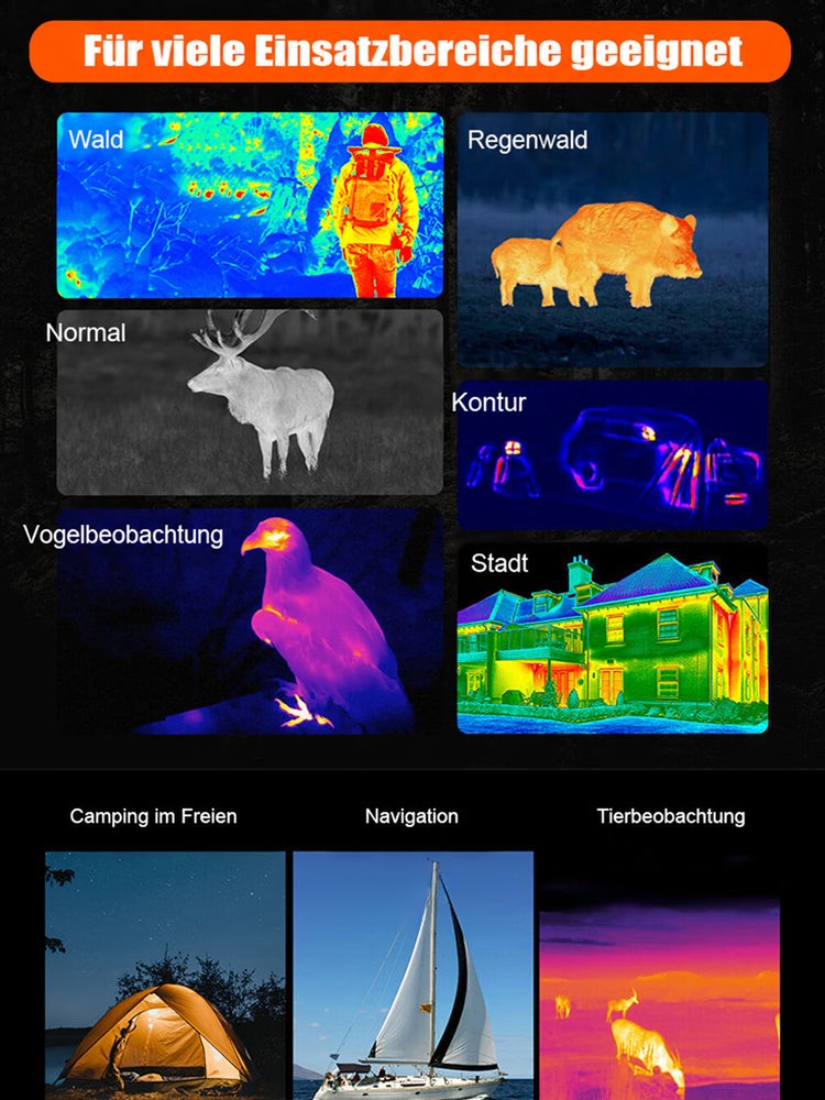 Übersicht verschiedener Wärmebildmodi mit Hirsch, Wildschweinen, Adler und Haus, unten Fotos von Zelt, Segelboot und 5