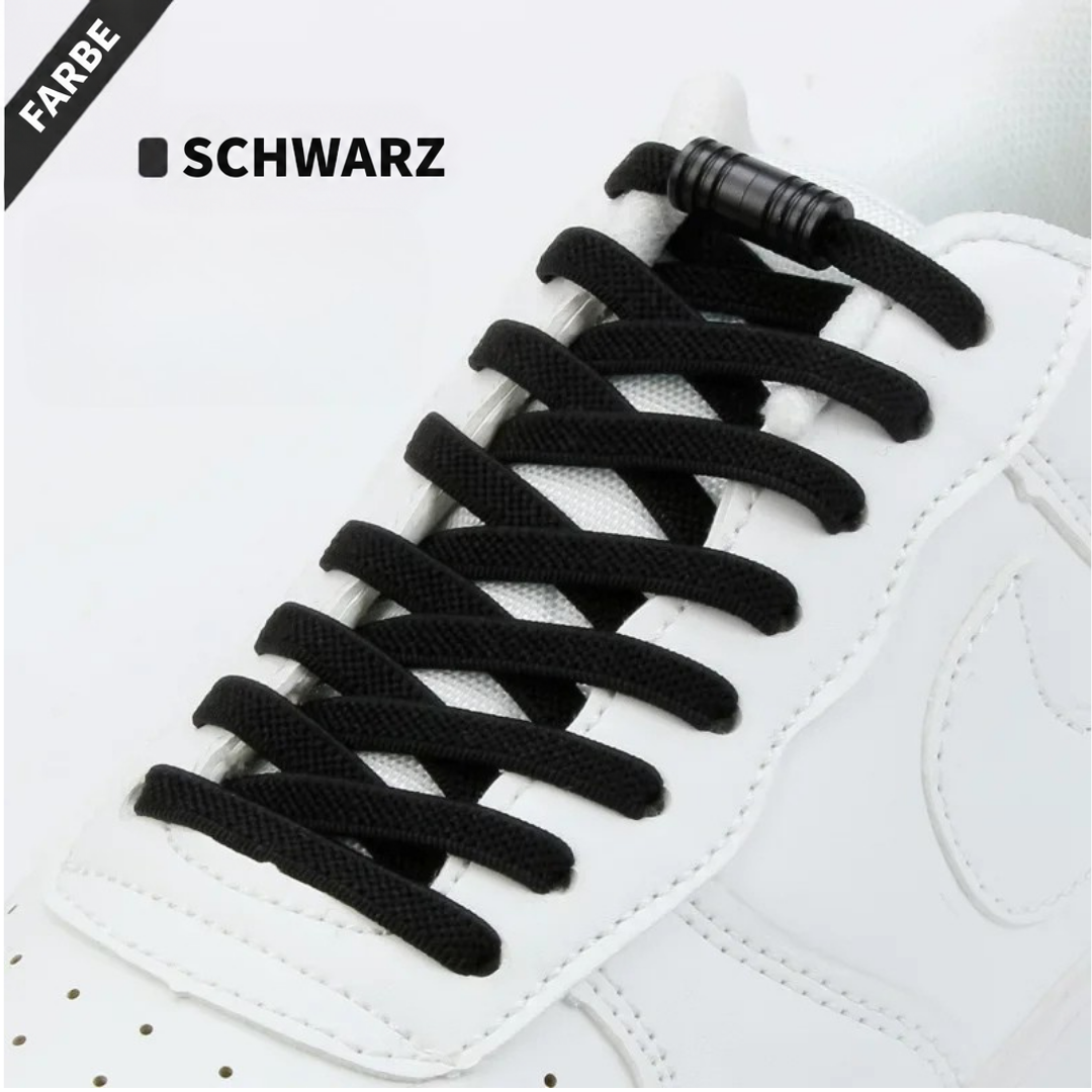 Schwarze elastische Schnürsenkel mit schwarzer Metallkapsel am weißen Sneaker, Farbvariante Schwarz 4