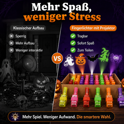 Vergleich eines sperrigen klassischen Projektors mit Kabeln links und den handlichen Fingerlichtern im Karton rechts 15