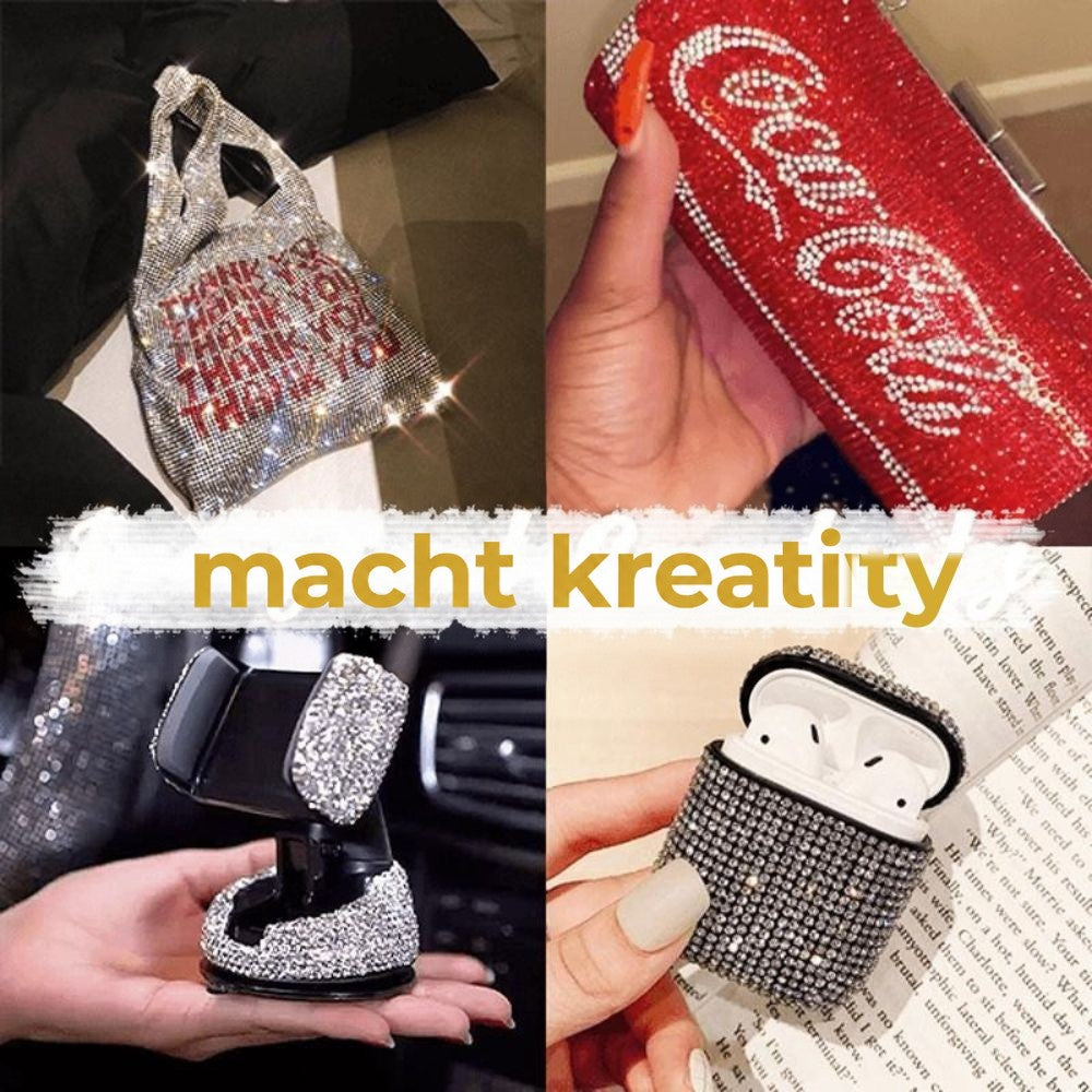 Vier Beispiele mit Strass besetzter Alltagsgegenstände: Tasche, Clutch, Handyhalterung und Kopfhörer-Etui 5
