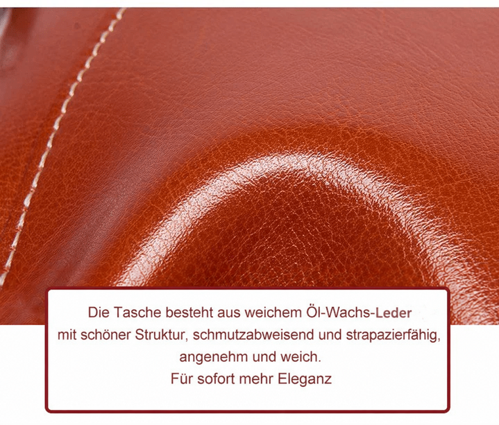 Nahaufnahme der weichen, glänzenden Lederoberfläche in Braun mit sichtbarer Naht 14