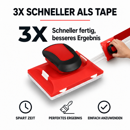 Rotes Kantenwerkzeug in Schrägansicht, rechts oben führt eine Hand es an einer weißen Leiste entlang 6