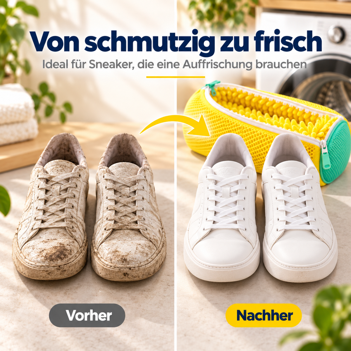 Vorher-Nachher-Vergleich: stark verschmutzte Sneaker links, saubere weiße Sneaker rechts neben dem Waschbeutel 5