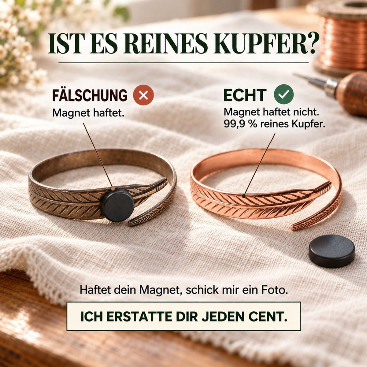 Infografik, die ein dunkles Armband mit Magnet und ein kupferfarbenes Federarmband ohne Magnet gegenüberstellt, um Echtheit 3