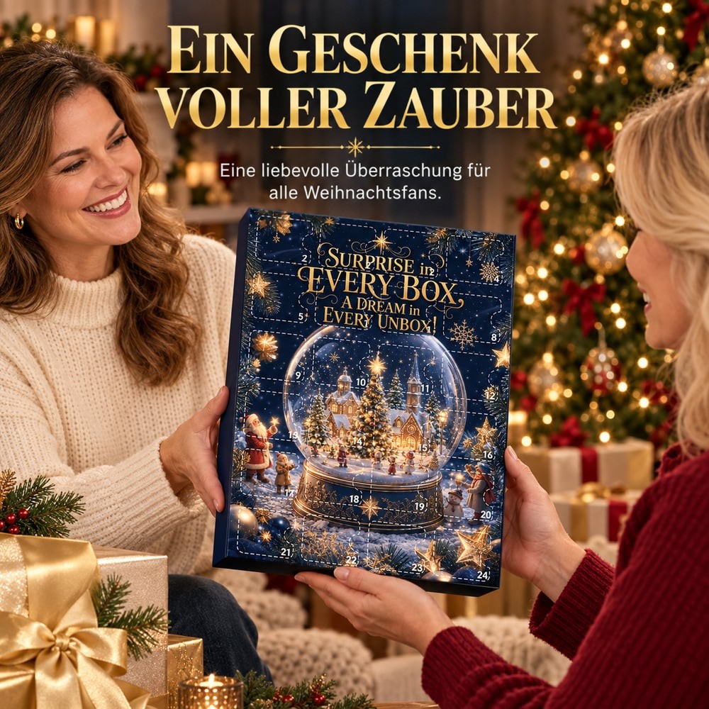 Zwei Frauen reichen sich den Adventskalender als Geschenk vor einem geschmückten Weihnachtsbaum zu 7