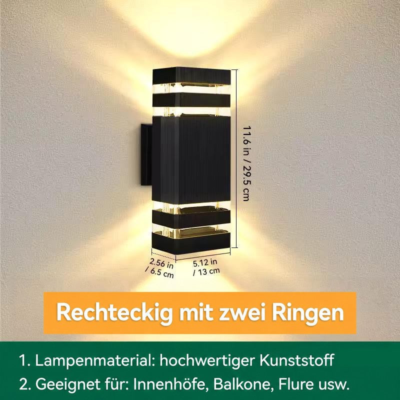 Eckige Wandleuchte mit zwei Ringen oben und unten, mit eingeblendeten Maßen zu Höhe, Breite und Tiefe 17