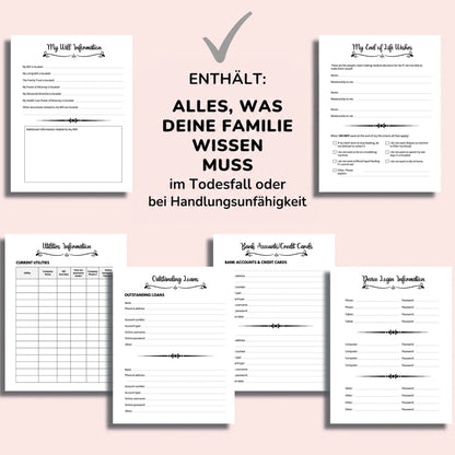 Übersicht mehrerer Formularseiten auf rosa Hintergrund: Testament, letzte Wünsche, Versorgungsverträge, Darlehen, Bankkonten und Gerätezugänge zum Ausfüllen. 6