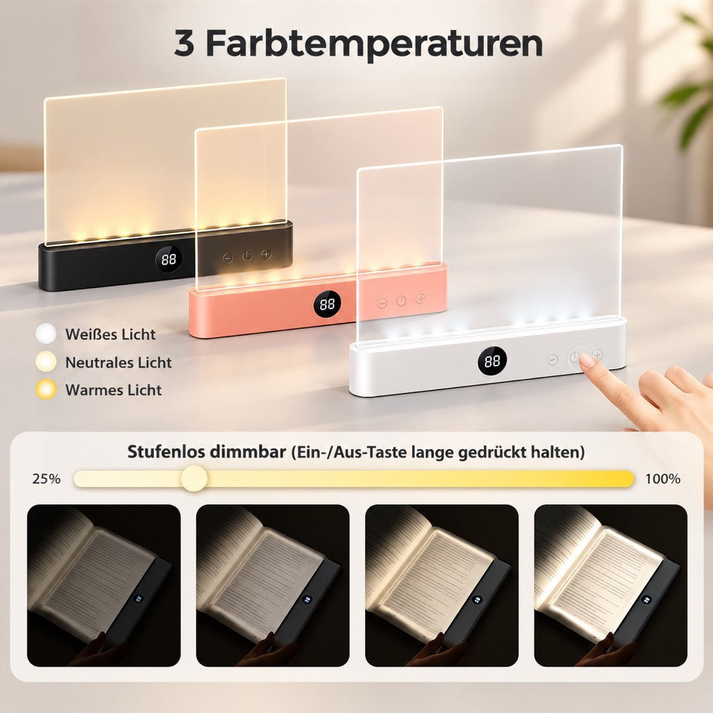 Drei Lampen in Schwarz, Rosa und Weiß mit drei Lichtfarben und vier Helligkeitsstufen auf dem Buch 12