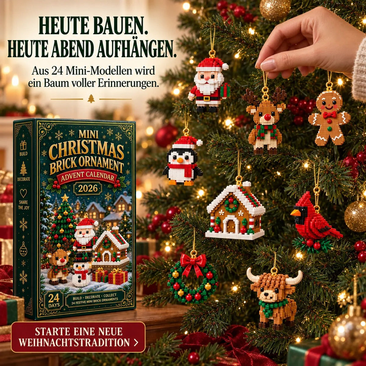 Eine Hand hängt einen gebauten Anhänger an den Weihnachtsbaum, rundherum Weihnachtsmann, Rentier, Pinguin, Lebkuchenhaus, Kardinal, Kranz und Hochlandrind. 7