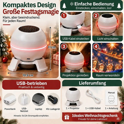 Übersicht mit Maßen des kompakten Projektors, vier Bedienschritten, USB-Stromquellen und Lieferumfang aus Projektor, Kabel 5