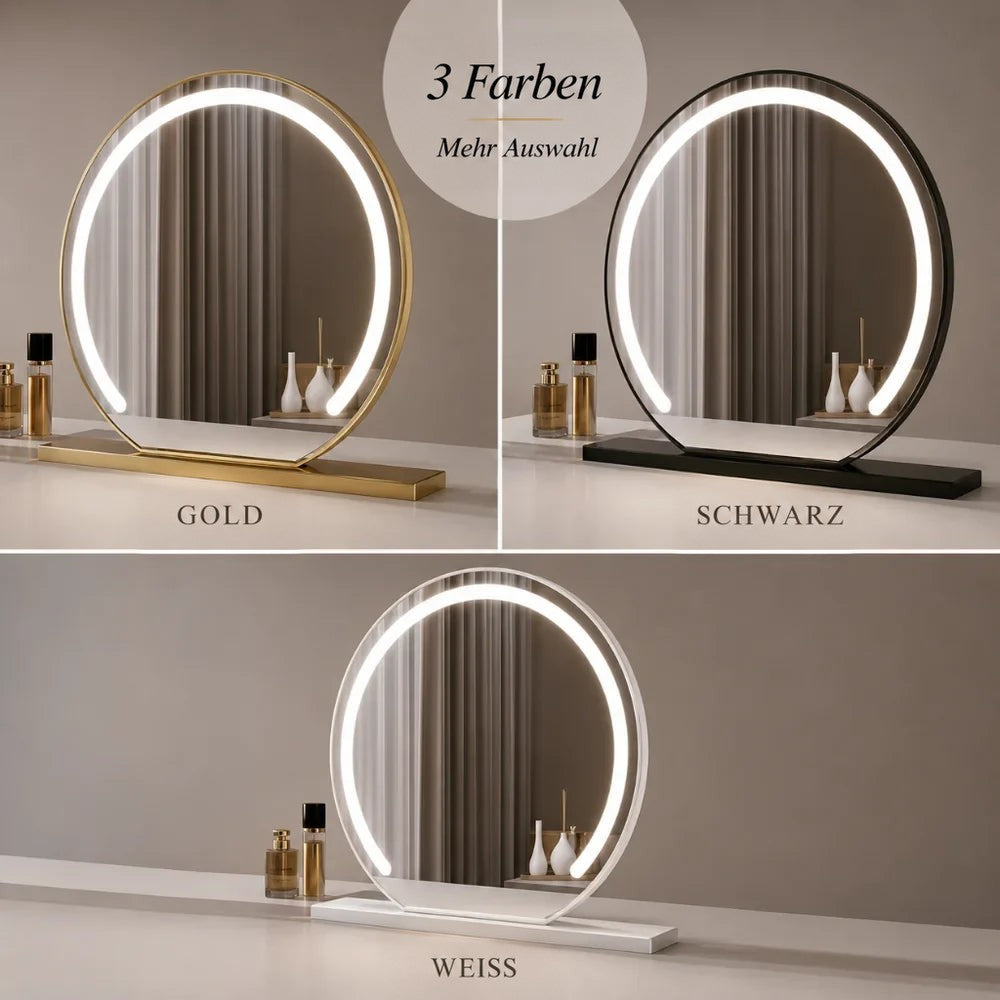 Collage des Spiegels in drei Ausführungen, Gold, Schwarz und Weiß, jeweils mit leuchtendem Lichtring auf einer Ablage 6
