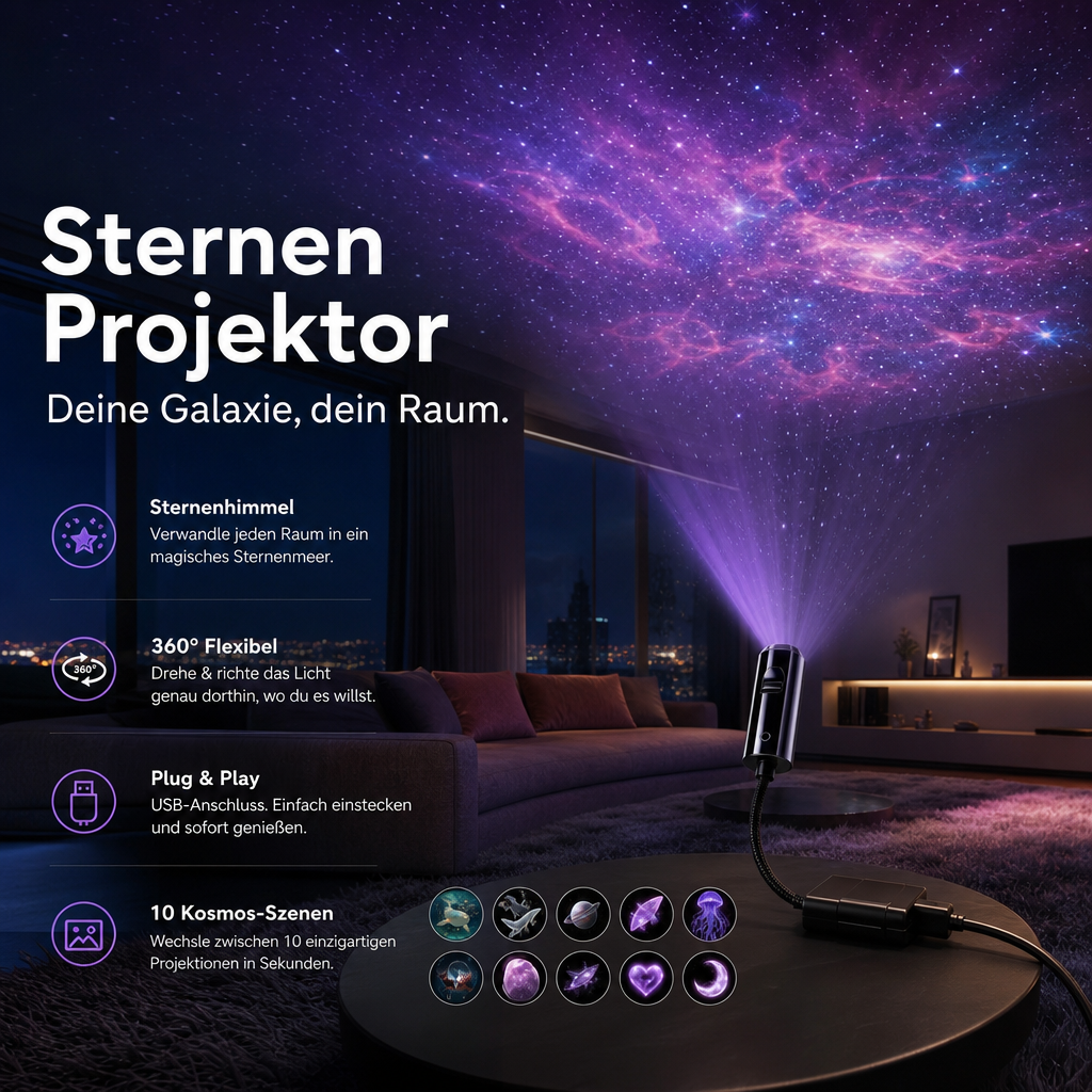 Projektor mit flexiblem Arm auf rundem Tisch taucht ein modernes Wohnzimmer in violetten Sternennebel, zehn Motive darunter 5