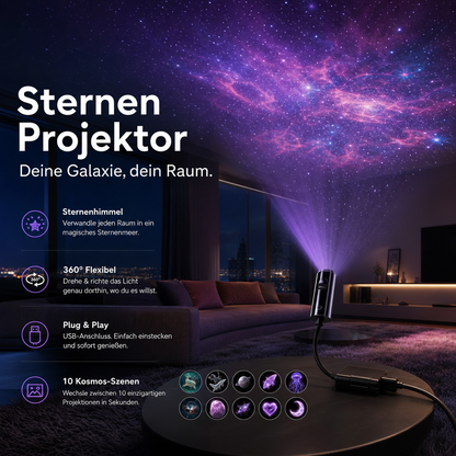Projektor mit flexiblem Arm auf rundem Tisch taucht ein modernes Wohnzimmer in violetten Sternennebel, zehn Motive darunter 5