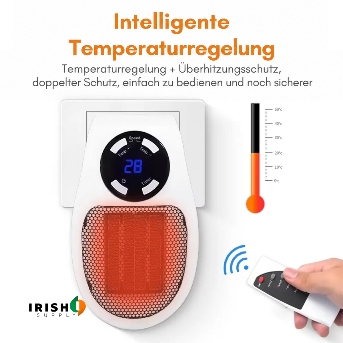 Heizer in der Steckdose mit Temperaturanzeige, Thermometer-Grafik und Fernbedienung in der Hand, Thema Temperaturregelung 4