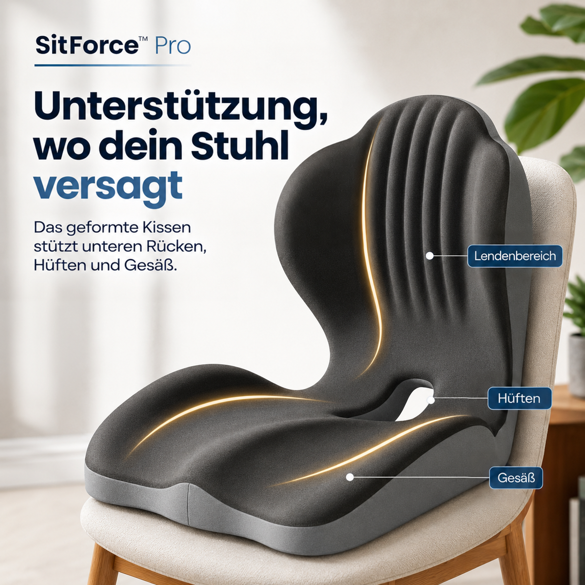 Sitzkissen auf einem hellen Stuhl, leuchtende Linien markieren Unterstützung für Rücken, Hüfte und Sitzfläche 13