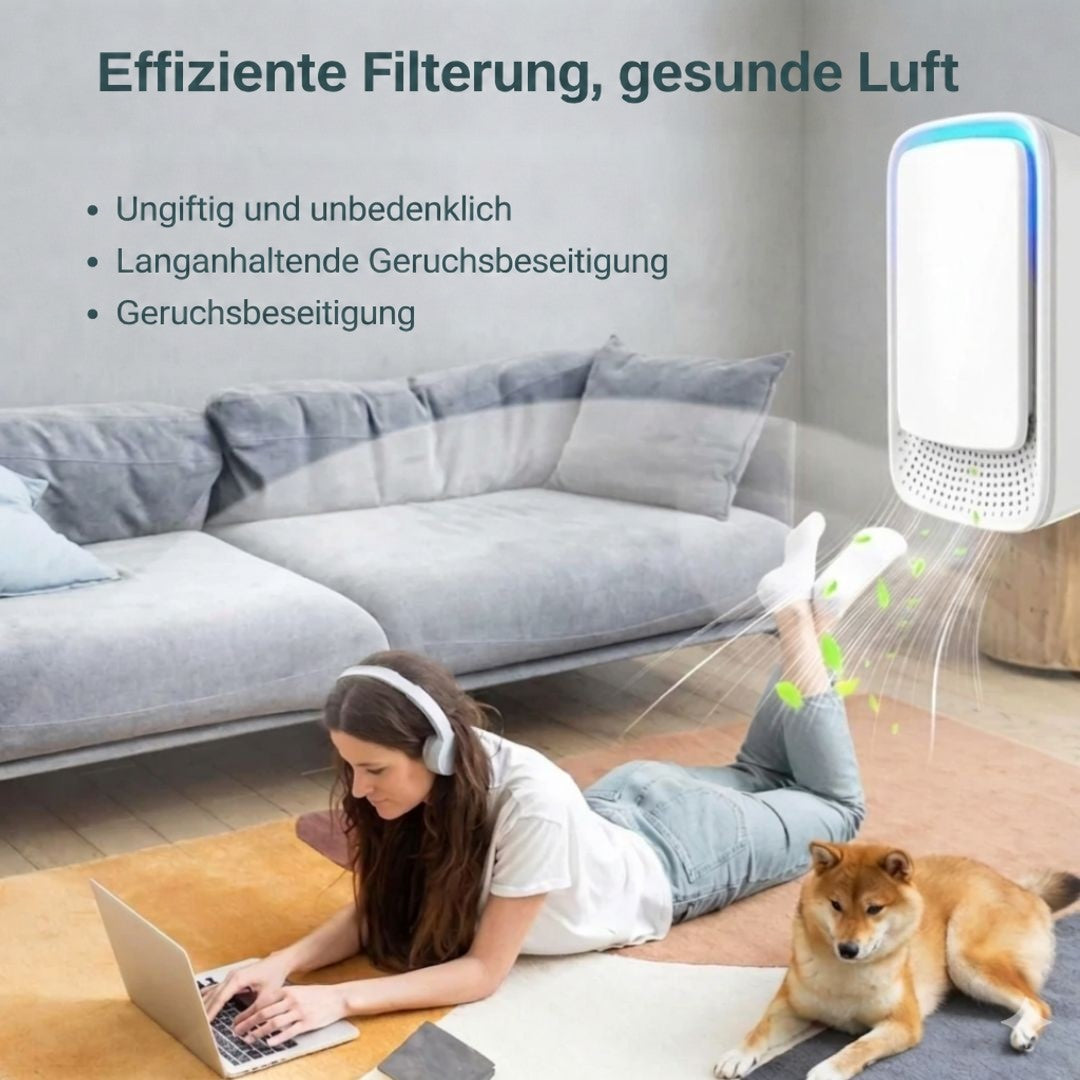 Frau mit Kopfhörern liegt mit Laptop im Wohnzimmer, der Ionisator pustet frische Luft Richtung Hund 7