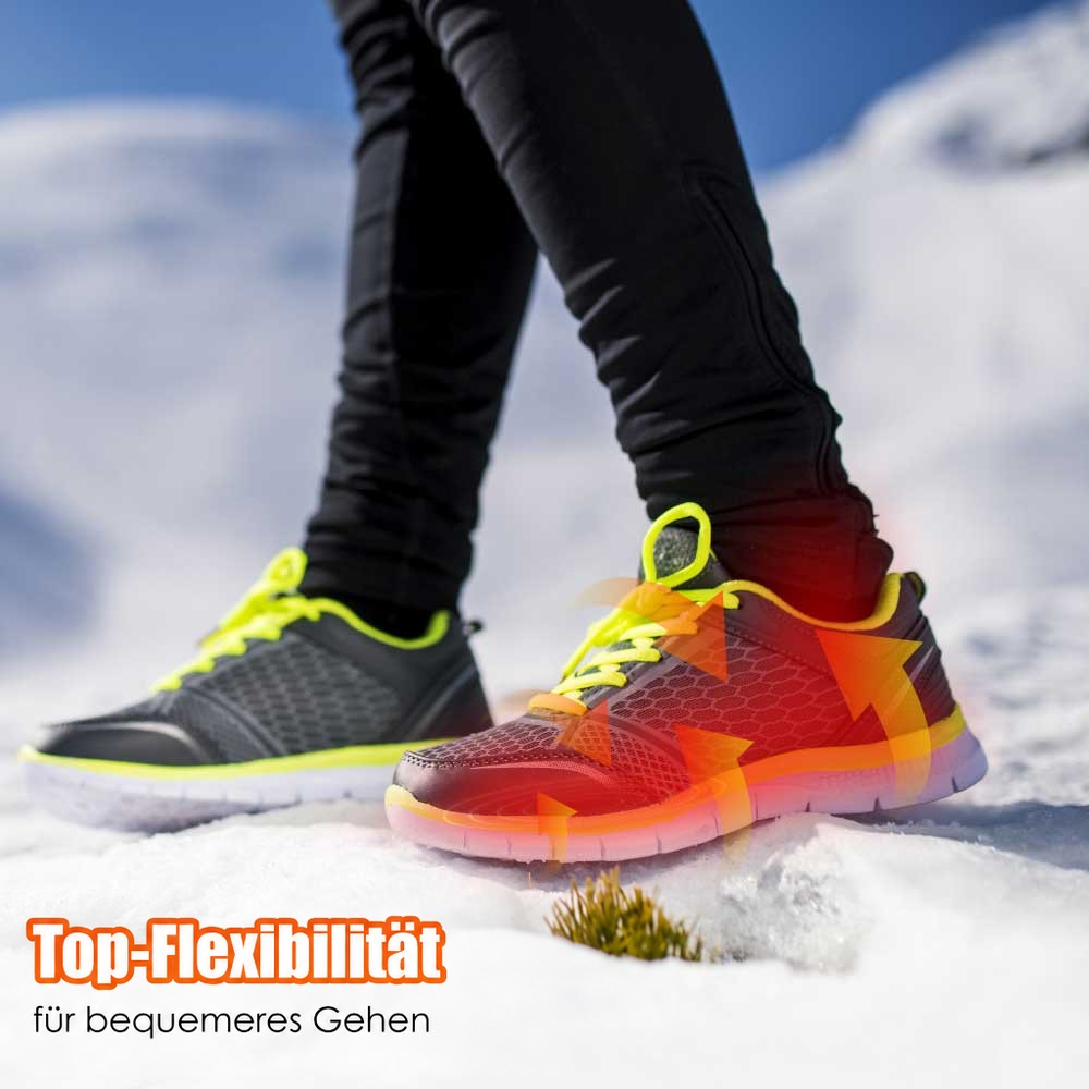 Person in Sportschuhen im Schnee, am Schuh sind Wärmepfeile eingeblendet, die die Beheizung zeigen 7