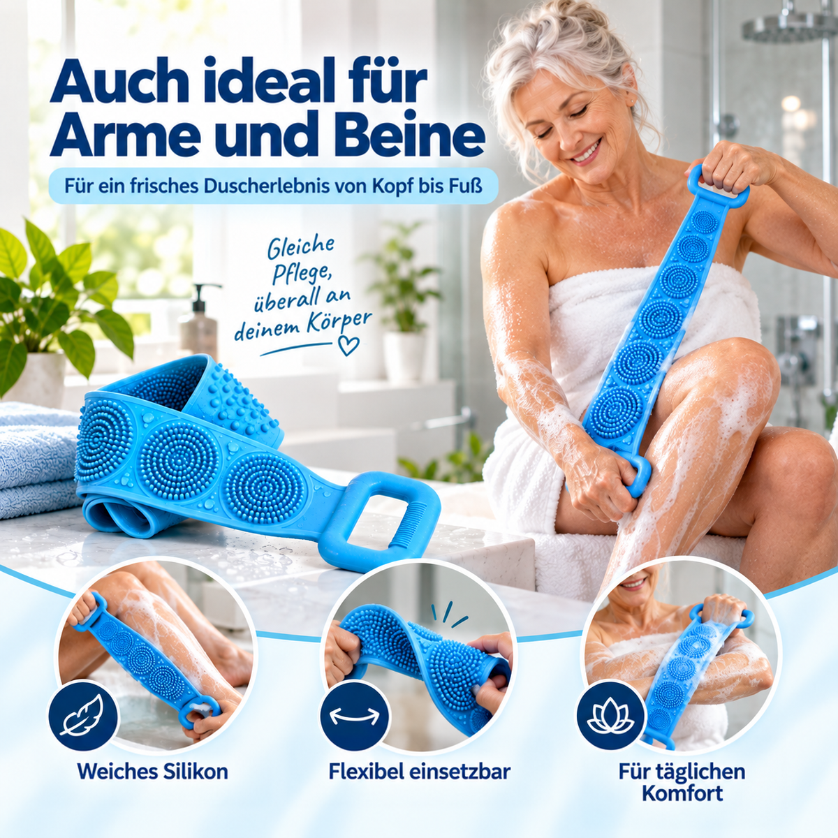 Frau im Handtuch reibt mit der blauen Bürste ihr Bein ein, daneben liegt die Bürste, drei Detailbilder darunter 6