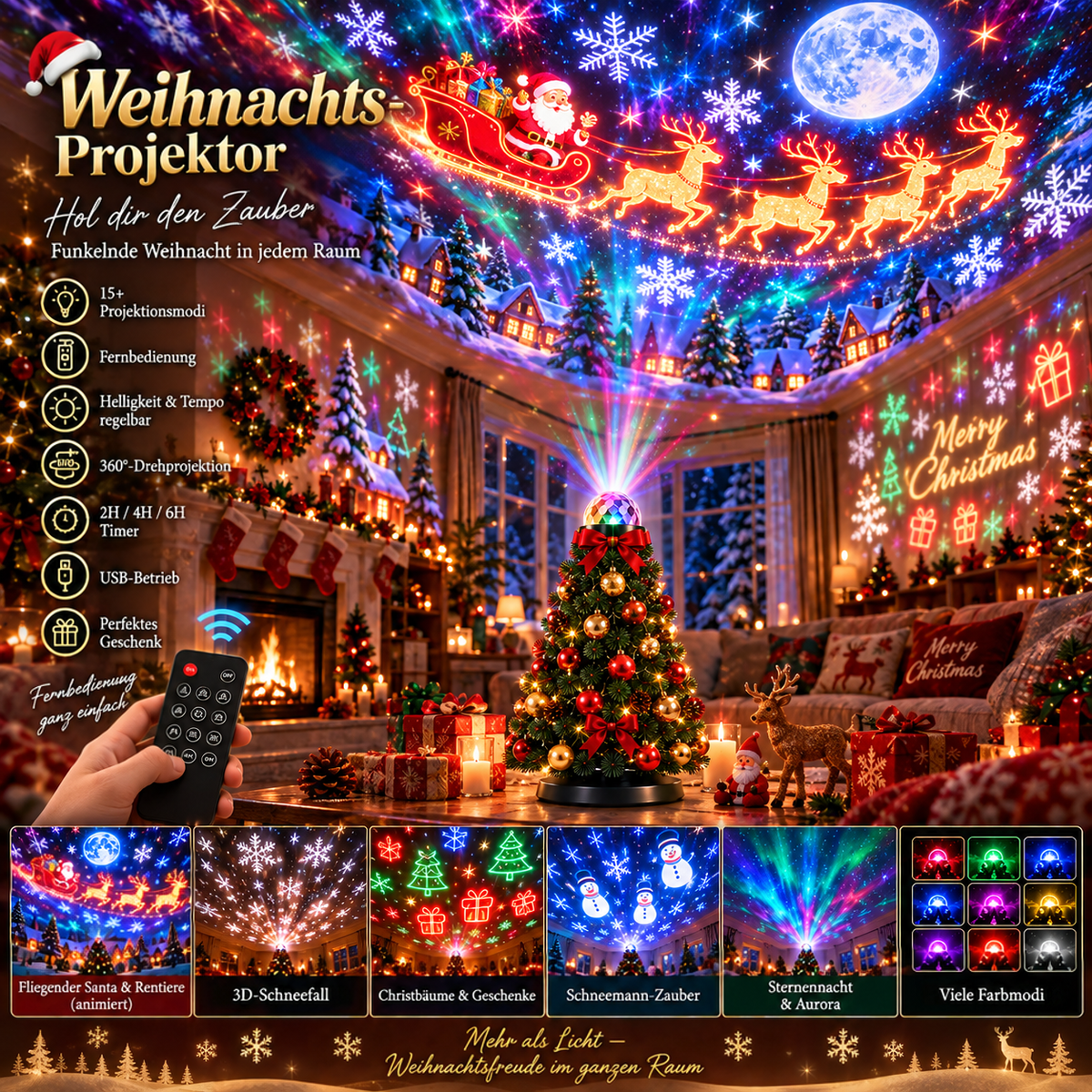 Übersicht mit Tannenbaum-Projektor, Fernbedienung in der Hand und sechs Projektionsmotiven vom fliegenden Weihnachtsmann bis 1