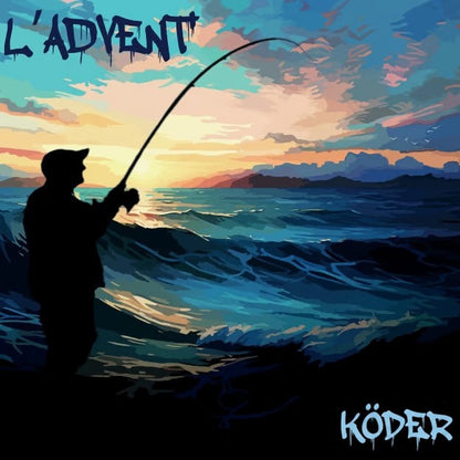 Silhouette eines Anglers mit gebogener Rute vor Meeresbrandung und buntem Sonnenuntergangshimmel 5