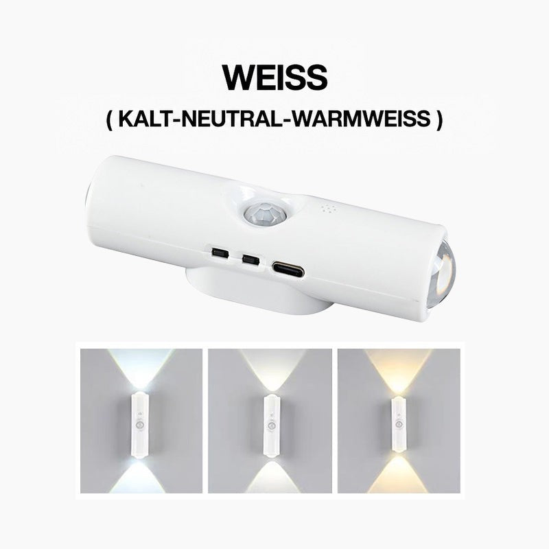 Weiße Wandleuchte mit Bewegungssensor und USB-C-Anschluss, darunter drei Lichtfarben von Kaltweiß bis Warmweiß 1