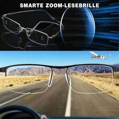 Collage: oben eine Brille vor blauen Lichtstreifen, unten Blick durch die Gläser auf eine Wüstenstraße mit Flugzeug am Himmel. 6