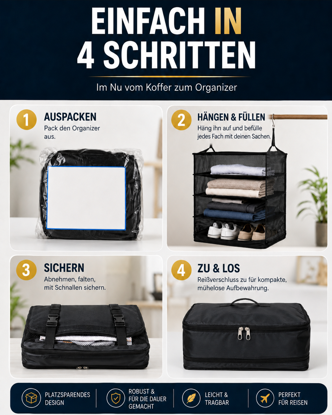 Vier Schritte im Überblick: auspacken, aufhängen und füllen, zusammenfalten, mit dem Reißverschluss schließen 4