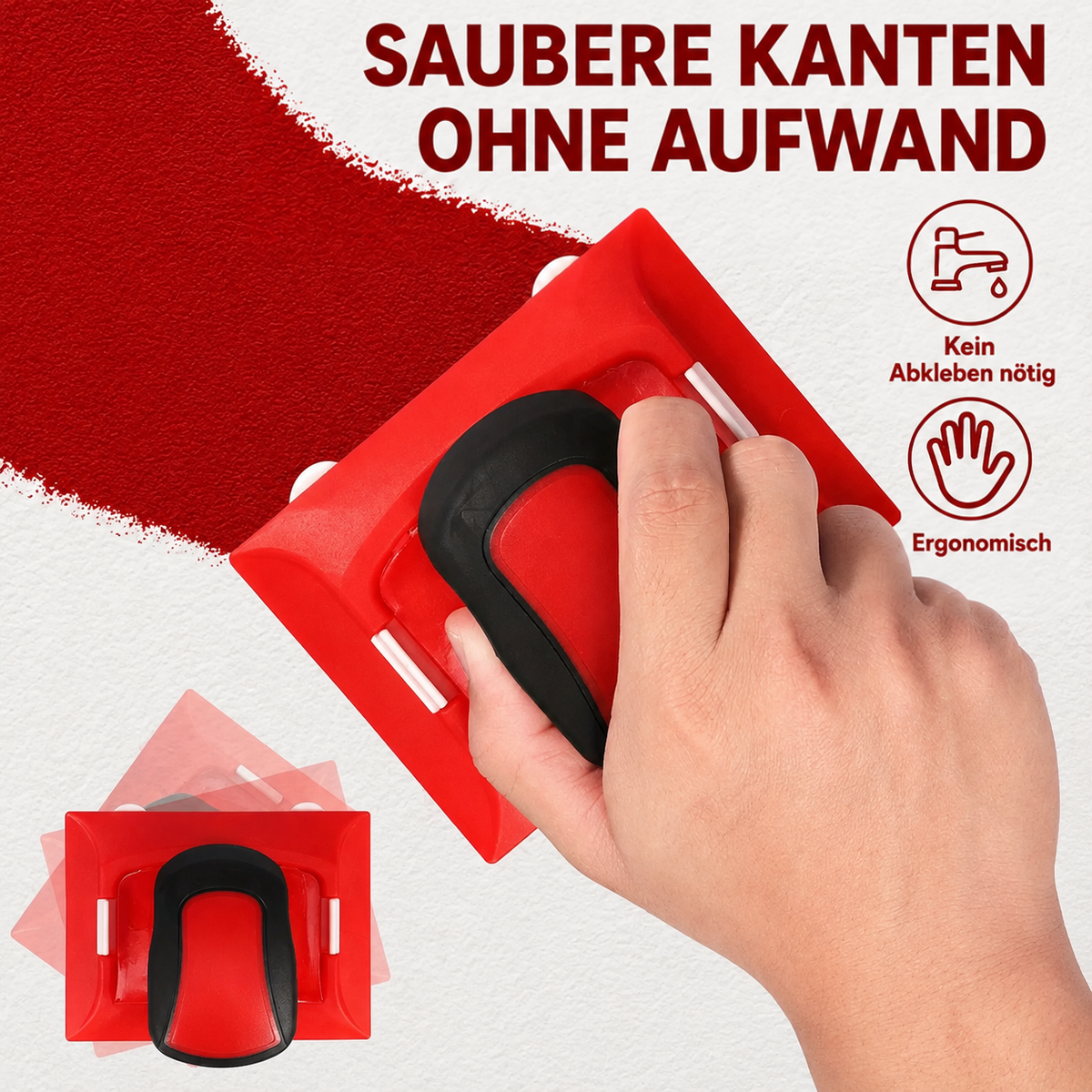 Hand führt das rote Werkzeug an einer frisch gestrichenen roten Fläche entlang, kleines Bild zeigt die Draufsicht 3