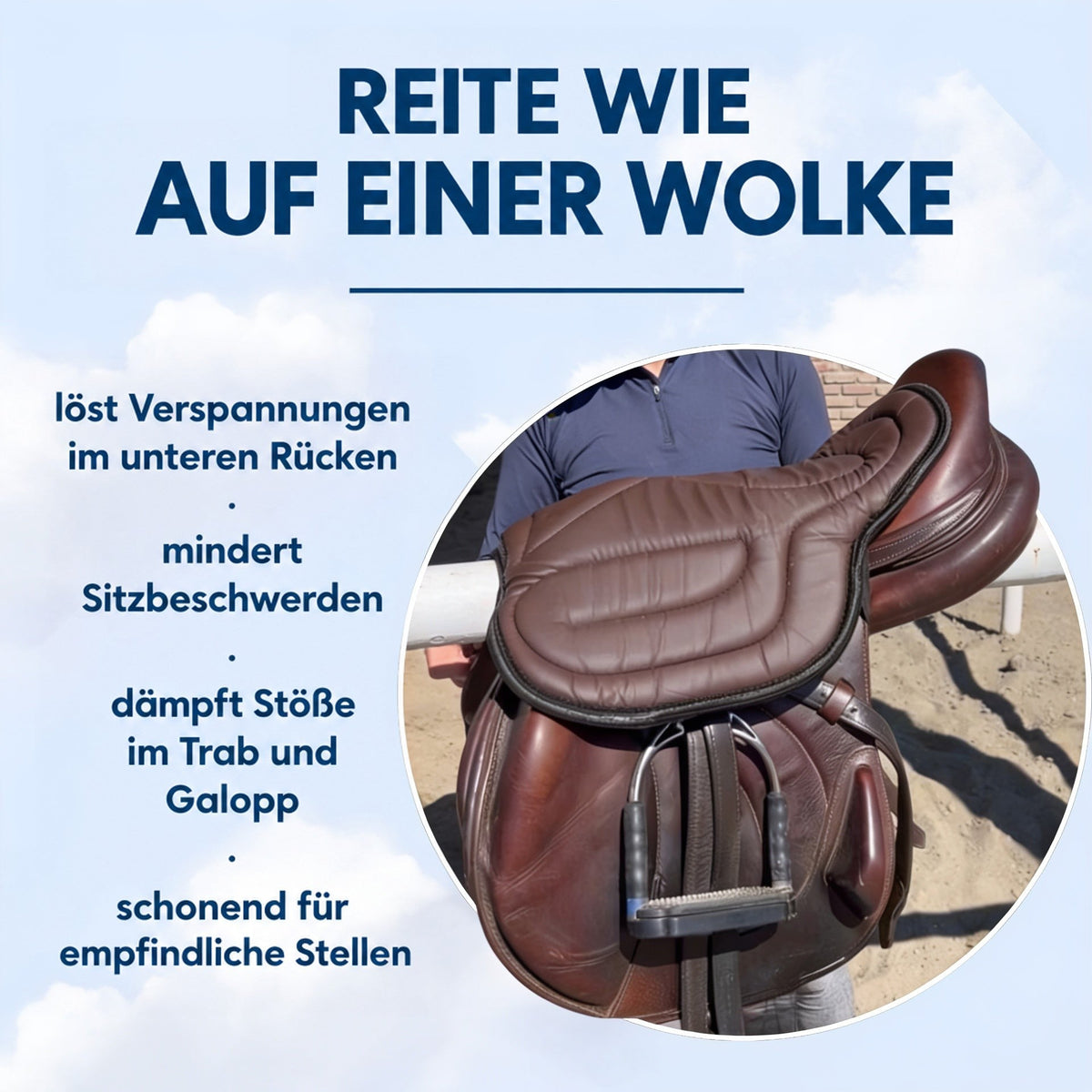 Braunes Sitzkissen auf einem Springsattel, das eine Person vor dem Körper hält, mit Steigbügel 4