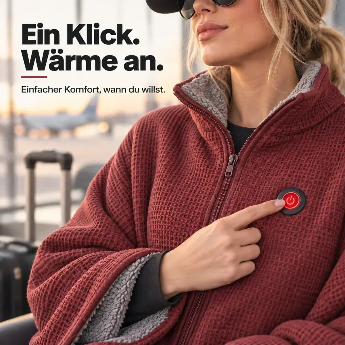 Nahaufnahme der roten Heizdecke: Ein Finger drückt die leuchtende Einschalttaste, innen ist graues Fleecefutter zu sehen 9