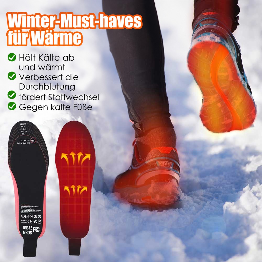 Beheizte Sohlen im Vordergrund, dahinter ein Wanderschuh im Schnee mit leuchtender, warmer Sohle 2