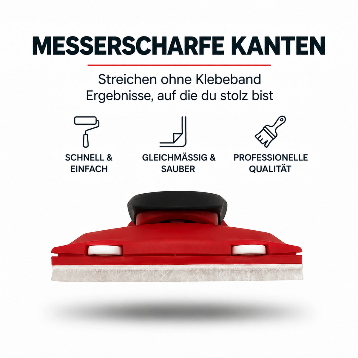 Rotes Kantenwerkzeug mit schwarzem Griff und weißem Filzstreifen an der Unterseite, frontal von vorn gezeigt 1