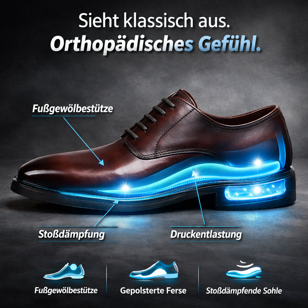 Braune Lederschuhe im Seitenprofil mit blau leuchtend dargestellter Dämpfungssohle, Fußgewölbestütze und Fersenpolster als 5