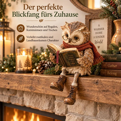Eulenfigur sitzt auf einem Holzkaminsims zwischen Kerzen, Tannenzweigen und Zapfen, mit Text zur Dekoration auf Regalen und Kaminsimsen. 5