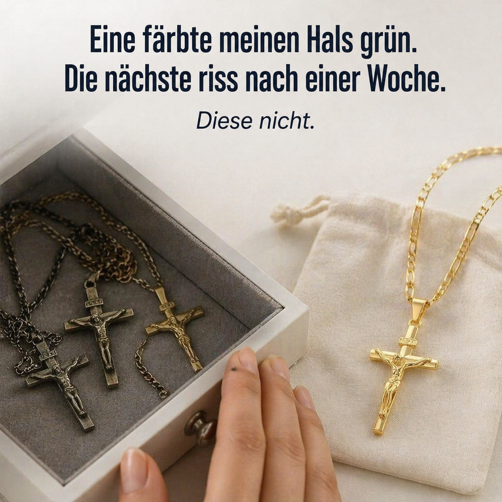 Goldene Kreuzkette auf Stoffbeutel neben einer Schmuckschatulle mit drei angelaufenen dunklen Kruzifix-Ketten 3