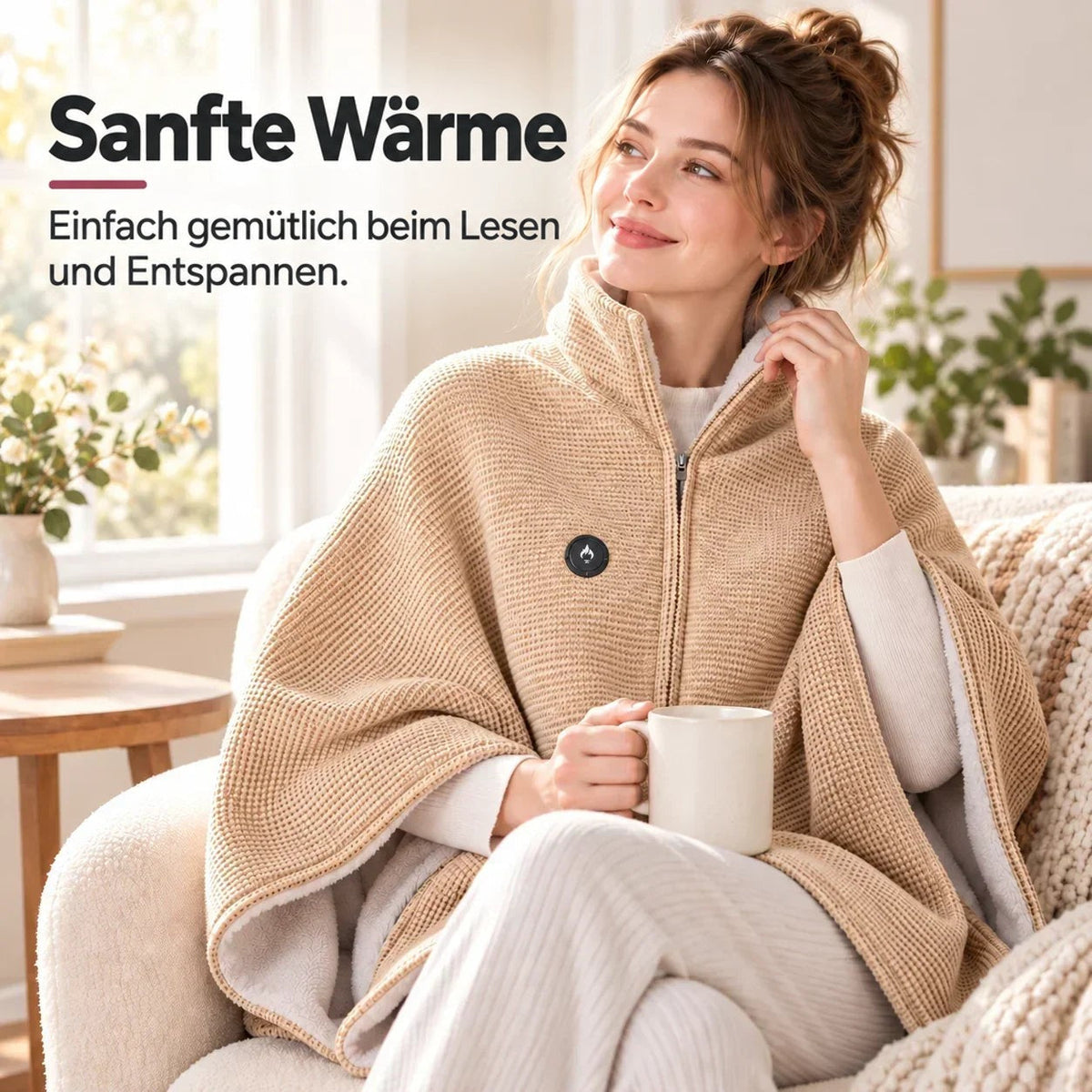 Frau in beiger Heizdecke mit Stehkragen sitzt mit einer Tasse in einem hellen Wohnzimmer im Sessel 6