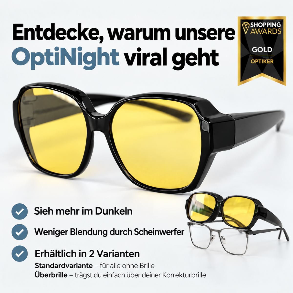 Überzieh-Brille mit gelben Gläsern, unten rechts zusätzlich über einer Brille mit dünnem Metallgestell getragen, dazu Hinweise auf zwei Varianten. 4