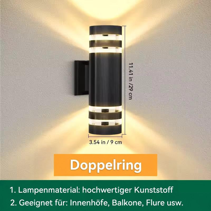 Runde Wandleuchte mit zwei Ringen oben und unten, mit eingeblendeten Maßen zu Höhe und Durchmesser 14