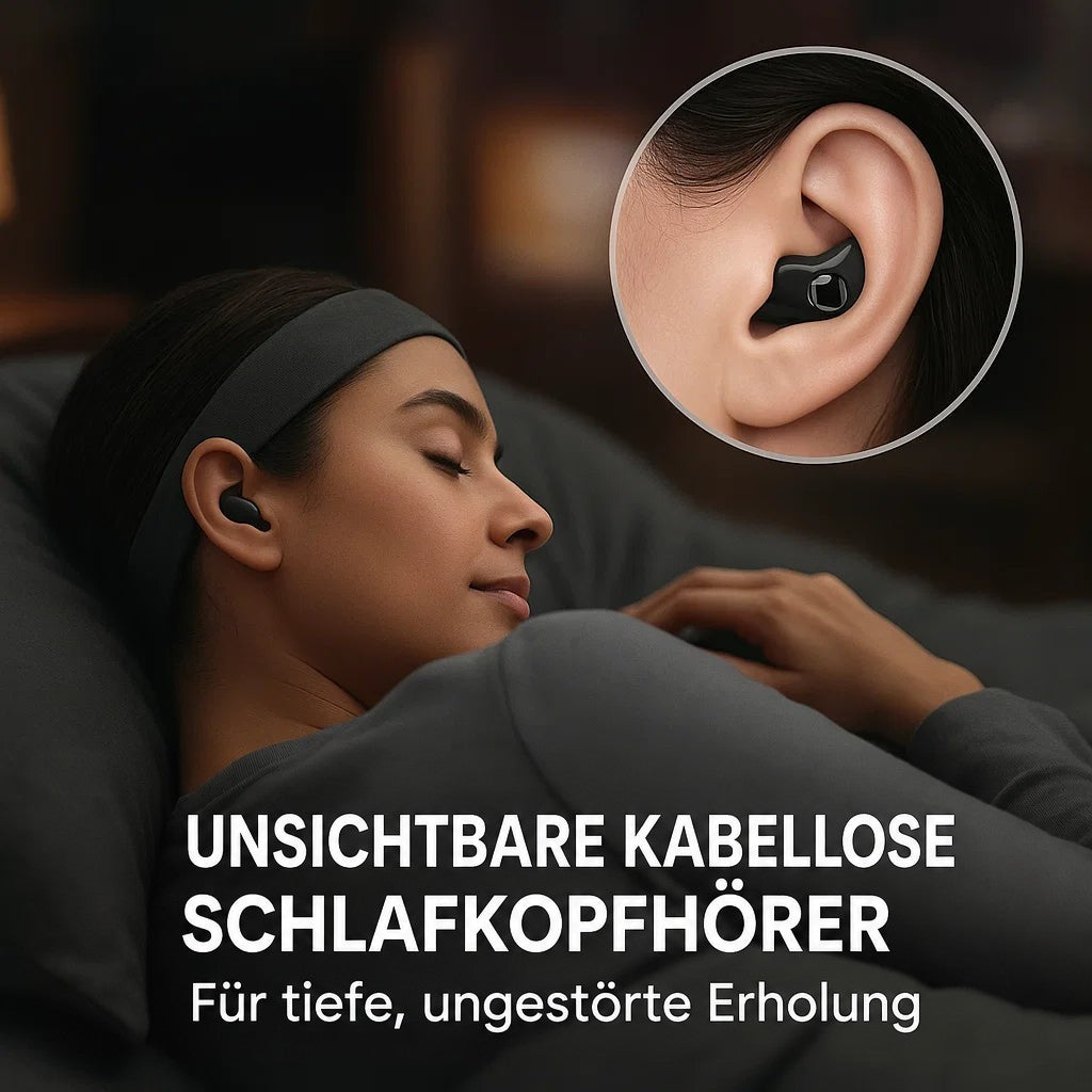 Schlafende Frau mit Stirnband und schwarzem Ohrhörer auf dem Kissen, Detailausschnitt des Ohrs oben rechts 4