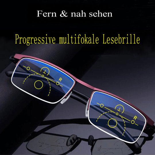 Halbrandbrille mit rotbraunem Rahmen auf dunklem Hintergrund, die Gläser zeigen gelbe Linien und Kreise der Gleitsichtbereiche. 3
